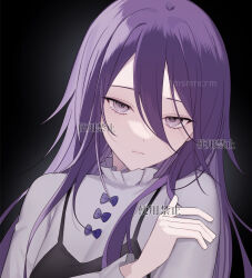  black_background black_dress bow closed_mouth collar commentary_request commission dress frilled_collar frills hair_between_eyes hand_on_own_arm hand_up highres kumo_tabetai long_hair long_sleeves looking_at_viewer original purple_bow purple_eyes purple_hair shirt simple_background upper_body watermark white_shirt 