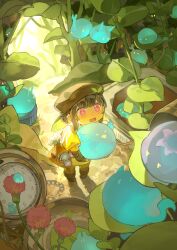  1girl absurdres alarm_clock bag beret black_hair chi_chi3939 chinese_commentary clock commentary_request day fantasy hat highres leaf mini_person minigirl open_mouth original outdoors pink_eyes pink_hair plant pocket_watch potion satchel slime_(creature) solo watch 