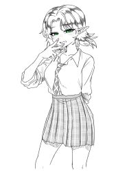  1girl alternate_costume arm_behind_back between_breasts blush breasts collared_shirt commentary_request contemporary cowboy_shot fingernails green_eyes grin highres looking_at_viewer medium_breasts mizuhashi_parsee necktie necktie_between_breasts parted_bangs plaid_clothes plaid_skirt pointy_ears shirt short_hair simple_background skirt smile solo spot_color touhou yokozuna_iwashi 