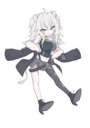 1girl absurdres ahoge animal_ears black_thighhighs blush breasts closed_mouth commentary crop_top female_focus full_body fur-trimmed_jacket fur_trim grey_eyes grey_hair hachimitsu_shitate high_heels highres hololive jacket large_breasts long_hair looking_at_viewer navel off_shoulder shishiro_botan shishiro_botan_(1st_costume) shoe_soles simple_background single_thighhigh solo tail thighhighs torn_clothes torn_thighhighs virtual_youtuber white_background