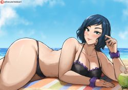 1girl batako_(batakoart) beach bikini blue_eyes blue_hair breasts cleavage curvy day female_pubic_hair green_eyes gundam gundam_build_fighters iori_rinko large_breasts lying mature_female ocean outdoors pubic_hair pubic_hair_peek short_hair sky solo swimsuit thick_thighs thighs wide_hips rating:Sensitive score:210 user:danbooru