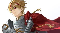  1boy absurdres ahoge armor blonde_hair braid braided_ponytail cape fate/grand_order fate_(series) full_armor highres long_hair male_focus multicolored_hair potato_goril red_cape red_eyes red_hair richard_i_(fate) side_cape simple_background single_braid smile solo streaked_hair upper_body weapon white_background 