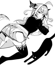 1girl ahoge animal black_cat bow breasts cat checkered_clothes checkered_legwear cleavage cleavage_cutout closed_mouth clothing_cutout diagonal-striped_bow dismassd dragon_girl dragon_horns dragon_tail hairband highres hololive horn_bow horn_ornament horns huge_breasts jacket kiryu_coco kiryu_coco_(1st_costume) large_breasts long_hair looking_at_viewer multicolored_hair pointy_ears shirt side-tie_skirt simple_background smile streaked_hair striped_bow tail virtual_youtuber white_background 