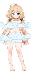  1girl barefoot blonde_hair censored comodox full_body highres long_hair looking_at_viewer low_twintails miu_(comodox) navel novelty_censor nude original solo twintails 