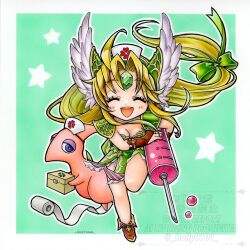  1girl armor blonde_hair boots border breasts bridal_gauntlets brown_boots chibi chibi_only cleavage closed_eyes creature dress forehead_jewel full_body gauze gem gold_trim green_background green_dress green_gemstone green_ribbon hair_ribbon half-closed_eyes hat highres holding holding_syringe hori_wo large_syringe light_blush long_hair low-tied_long_hair medium_breasts nurse_cap open_mouth oversized_object parted_bangs ribbon riesz seiken_densetsu seiken_densetsu_3 shoulder_armor sidelocks smile solo syringe twintails white_border winged_headwear 