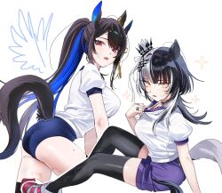  2girls absurdres alternate_costume ass black_choker black_hair black_thighhighs bloomers blue_bloomers blue_hair breasts choker clothing_cutout colored_inner_hair drawn_wings flower_knot grey_hair gym_uniform hair_ornament highres hololive hololive_english horse horse_girl horse_tail jewelry large_breasts long_hair looking_at_viewer mole mole_under_eye multicolored_hair multiple_girls multiple_rings nerissa_ravencroft open_mouth ponytail purple_eyes purple_shorts ring shiori_novella shirt shoes short_shorts shorts sidelocks simple_background slit_pupils sneakers split-color_hair straight_hair sweat t-shirt tail tail_through_clothes tassel tassel_hair_ornament thighhighs umamusume underwear very_long_hair virtual_youtuber white_background white_shirt yellow_eyes yomosaka 