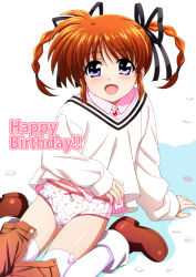  1girl ankle_boots birthday black_ribbon boots bow bow_panties brown_boots casual clothes_pull collared_shirt commentary_request crotch_seam english_text hair_ribbon happy_birthday highres jewelry layered_clothes long_sleeves looking_at_viewer lyrical_nanoha mahou_shoujo_lyrical_nanoha medium_hair miyajima_hitoshi necklace open_mouth panties partial_commentary petals pink_shirt print_panties purple_eyes raising_heart ribbon shirt shorts shorts_pull sitting smile solo takamachi_nanoha thighhighs twintails underwear white_background white_panties white_shirt white_thighhighs 