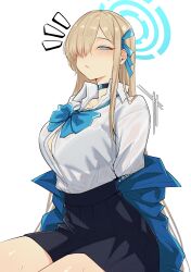  1girl absurdres anandaname artist_name asuna_(blue_archive) asuna_(school_uniform)_(blue_archive) black_choker black_skirt blonde_hair blue_archive blue_bow blue_bowtie blue_eyes blue_halo blue_jacket blue_ribbon bow bowtie choker collared_shirt hair_over_one_eye hair_ribbon halo high-waist_skirt highres jacket long_hair looking_at_viewer official_alternate_costume pleated_skirt ribbon school_uniform shirt shirt_tucked_in short_sleeves simple_background skirt solo very_long_hair white_shirt 