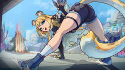  1girl all_fours animal_ears ass ass_focus blonde_hair boots bow doktor_malefic fingerless_gloves from_behind gloves green_eyes highres ju_fufu leaning leaning_forward loli long_hair looking_back open_mouth short_shorts shorts smile solo tail tail_bow tail_ornament tiger_ears tiger_girl tiger_tail very_long_hair zenless_zone_zero  rating:Sensitive score:5 user:armorcrystal