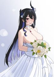  1girl absurdres black_hair black_horns bouquet breasts broken_horn choker cleavage closed_mouth collarbone colored_inner_hair dress flower hair_flower hair_ornament highres holding holding_bouquet hololive hololive_english horns jewelry kuon_bb large_breasts long_hair mole mole_under_eye multicolored_hair necklace nerissa_ravencroft pink_eyes purple_hair rose solo strapless strapless_dress virtual_youtuber wedding_dress white_choker white_dress white_flower white_rose 