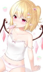  1girl absurdres bare_arms bare_shoulders blonde_hair breasts camisole collarbone cowboy_shot flandre_scarlet food food_in_mouth hair_ornament highres midriff_peek mouth_hold no_pants nyanyanoruru panties pointy_ears popsicle popsicle_in_mouth red_eyes short_hair simple_background sitting small_breasts solo strap_slip striped_clothes striped_panties touhou underwear wings 