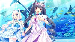 10s 2girls :3 :d air_bubble animal_ear_fluff animal_ears aquarium bell blue_eyes blush brown_eyes brown_hair bubble cat_ears cat_girl cat_tail chestnut_mouth chocola_(nekopara) collar copyright_name criss-cross_halter detached_sleeves dress drill_hair fish food food_print frilled_dress frilled_sleeves frills game_cg hairband halterneck holding_hands jingle_bell light_rays lolita_hairband long_hair low_twintails macaron macaron_print multiple_girls neck_bell nekopara open_mouth original print_dress puffy_detached_sleeves puffy_sleeves ribbon sayori_(neko_works) siblings sisters slit_pupils smile stingray stuffed_animal stuffed_dolphin stuffed_toy sunbeam sunlight tail thighhighs twin_drills twins twintails vanilla_(nekopara) very_long_hair watermark web_address whale white_legwear wrist_ribbon zettai_ryouiki rating:Sensitive score:20 user:danbooru