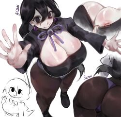  1girl @_@ artist_name ass bags_under_eyes bicmac black_hair black_pantyhose breasts chibi chibi_inset creatures_(company) doodle_inset earrings game_freak ghost_pose hair_between_eyes hex_maniac_(pokemon) hex_maniac_(pokemon_legends:_z-a) highres huge_breasts jewelry long_hair long_sleeves looking_at_viewer multiple_views nintendo nipple_slip nipples panties pantyhose pokemon pokemon_legends:_z-a purple_panties sketch sphere_earrings underwear v 