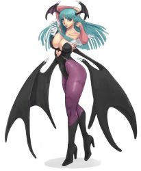  aqua_eyes aqua_hair ark_(morita_hitomi) bat_wings boots breasts capcom demon_wings morrigan_aensland spread_wings darkstalkers wings  rating:Sensitive score:51 user:whoisthisguy