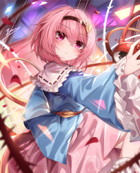  1girl absurdres blue_shirt blush colorful_background dated_commentary frilled_sleeves frills hair_ornament hairband heart heart_hair_ornament highres komeiji_satori long_sleeves pink_eyes pink_hair pink_skirt red_hairband red_petals shirt signature skirt subterranean_animism third_eye thorns top-exerou touhou 