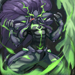  1boy absurdres armor aura black_hair black_skin blazblue blazblue:_cross_tag_battle colored_skin facing_viewer farronhart glowing glowing_eyes green_eyes green_hair grin highres horns long_hair male_focus sharp_teeth smile susanoo_(blazblue) teeth tongue tongue_out 