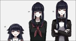  1girl :o age_difference age_progression akai_ringo_(eveyuno) black_border black_bow black_bowtie black_hair black_serafuku blunt_bangs border bow bowtie breasts collared_shirt crossed_arms expressionless eyebrows grey_background hair_ornament height_difference highres large_breasts lina_lesia long_hair long_sleeves looking_down looking_to_the_side multiple_views neckerchief open_mouth original ponytail red_eyes school_uniform serafuku shirt simple_background upper_body white_background white_shirt wing_collar x_hair_ornament 