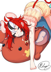 1girl ahoge animal_ears ass babydoll black_streaks braid closed_eyes double-parted_bangs hair_in_own_mouth hakos_baelz hakos_baelz_(5th_costume) hololive hololive_english long_hair low_twin_braids lying mouse_ears mouse_girl mouse_tail mr._squeaks_(hakos_baelz) multicolored_hair on_stomach pink_babydoll polka_dot_babydoll puffy_shorts red_hair rlus saliva shorts signature simple_background sleeping sleepwear solo strap_slip streaked_hair stuffed_toy tail twin_braids virtual_youtuber white_background white_streaks yellow_babydoll yellow_shorts