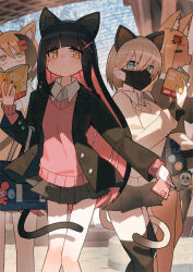 4girls =_= animal_ear_fluff animal_ears aqua_eyes bag bare_legs black_hair black_jacket black_nails black_skirt black_socks black_surgical_mask black_tail black_thighhighs blonde_hair blunt_bangs book breasts buttons cardigan cat_ears cat_girl cellphone collared_shirt colored_inner_hair commentary_request dark-skinned_female dark_skin dot_nose duffel_bag earrings expressionless feet_out_of_frame floating_clothes gradient_tail grey_tail gyaru hair_ornament hair_tie hairclip holding holding_bag holding_book iphone iphone_11_pro jacket jewelry jitome katsu_(katsupainter) long_hair long_sleeves looking_at_viewer mask matching_outfits medium_breasts medium_hair miniskirt mole mole_under_eye mouth_mask multicolored_hair multiple_girls multiple_hair_clips open_clothes open_jacket open_mouth original outdoors pale_skin phone pink_cardigan pink_hair pleated_skirt pocketbook ribbed_cuffs ribbed_trim sanpaku school_bag school_uniform shade shirt sidelocks skirt slit_pupils smartphone socks streaked_hair tamagotchi tamagotchi_(virtual_pet) thighhighs train_station_platform two-tone_hair very_long_hair virtual_pet_(toy) waiting white_cardigan white_fur white_shirt white_tail x_hair_ornament yawning yellow_cardigan yellow_eyes yellow_fur