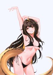  1girl arm_behind_head armpits arms_up bikini black_bikini blonde_hair breasts brown_eyes brown_hair chromashift colored_inner_hair contrapposto cowboy_shot double-parted_bangs eel_girl eel_tail grin highres juna_unagi large_breasts light_blush lightning_ahoge multicolored_hair navel side-tie_bikini_bottom sidelocks simple_background smile soghoth solo stomach streaked_hair swimsuit virtual_youtuber white_background 
