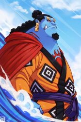 1boy black_hair blue_skin chest_tattoo cloud colored_skin commentary cowboy_shot facial_hair goatee half_updo highres hood japanese_clothes jinbe_(one_piece) kimono long_hair male_focus one_piece outdoors profile sash skaggshood solo tattoo thick_eyebrows tusks 