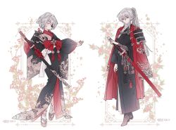  1boy 1girl armor berry black_shoes bow camellia clothing_request commentary commission double-parted_bangs dress embroidery eyepatch floral_background flower flower_request full_body gem gold_embroidery green_eyes grey_hair hand_on_hilt holding holding_sword holding_weapon katana lemon89h looking_at_viewer original ponytail red_bow red_flower red_gemstone sageo shoes short_hair shoulder_armor sidelocks solo standing sword tassel wavy_hair weapon 
