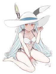  1girl barefoot bikini blue_hair breasts closed_mouth dated floating_headgear hair_between_eyes hair_ribbon hand_on_headwear hat headgear highres hikashima_(shiofune) kantai_collection long_hair looking_at_viewer medium_breasts murakumo_(kancolle) orange_eyes red_ribbon ribbon scrunchie side-tie_bikini_bottom signature simple_background sitting solo sun_hat swimsuit very_long_hair white_background white_bikini white_hat wrist_scrunchie 