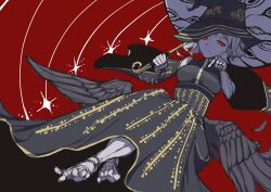  1999narurato 1girl agrat_bat_mahlat_(megami_tensei) black_hat black_wings braid colored_sclera colored_skin demon_(megami_tensei) dress eyelashes from_below grey_hair hat highres holding holding_umbrella joints looking_at_viewer pointing red_eyes red_sclera shin_megami_tensei shin_megami_tensei_v shin_megami_tensei_v:_vengeance solo umbrella white_skin wings witch_hat 