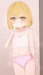  1girl absurdres blonde_hair blush bow bow_camisole camisole clothes_writing collarbone crotch_seam flat_chest food food_in_mouth heart heart_print highres holding holding_food holding_ice_cream holding_popsicle ice_cream loli looking_at_viewer midriff navel original panties pink_bow pink_panties popsicle popsicle_in_mouth print_panties shooko short_hair standing steam underwear white_camisole yellow_eyes 
