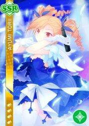  1girl angel_wings asymmetrical_bangs blonde_hair blue_dress blue_ribbon breasts dithering dress drill_hair feathers garter_straps gloves hair_ribbon hands_up holding holding_microphone looking_at_viewer love_live! love_live!_school_idol_festival medium_hair microphone red_eyes ribbon ruroo shoulder_pads small_breasts smile solo strapless strapless_dress thighhighs torii_ayumi twintails v-shaped_eyebrows white_gloves white_thighhighs wings 