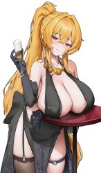  1girl absurdres arm_under_breasts armpit_crease backless_dress backless_outfit bare_shoulders black_dress black_gloves blonde_hair breast_rest breasts brown_thighhighs champagne_flute cleavage collarbone commission covered_navel cowboy_shot cup dress drinking_glass elbow_gloves garter_straps gloves grin halterneck hand_up highres holding holding_cup jewelry large_breasts long_hair looking_at_viewer muhae_(dcnh8882) necklace no_bra no_panties o-ring original pelvic_curtain ponytail red_eyes sideboob simple_background single_garter_strap single_thighhigh sleeveless sleeveless_dress smile solo standing table thigh_strap thighhighs thighs very_long_hair white_background 
