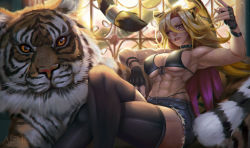 1girl abs absurdres aisurin animal_ears artist_name biceps bikini black_bikini black_gloves black_thighhighs blonde_hair breasts character_request cleavage crossed_legs denim denim_shorts fingerless_gloves gloves highres indie_virtual_youtuber large_breasts lips long_hair looking_at_viewer muscular muscular_female navel one_eye_closed orange_eyes parted_lips short_shorts shorts sitting solo swimsuit tail thighhighs tiger tiger_ears tiger_girl tiger_tail virtual_youtuber rating:Sensitive score:9 user:danbooru