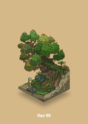 absurdres bird bowl commentary_request diorama food fruit gozz highres holding holding_bowl isometric looking_up nest orange_background original plant tree rating:General score:0 user:danbooru