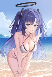  1girl absurdres alternate_costume beach bikini black_halo blue_archive blue_eyes blue_sky breasts cleavage cloud collarbone criss-cross_halter day grin halo halterneck hands_on_own_thighs highres large_breasts leaning_forward long_hair looking_at_viewer ocean outdoors purple_hair sky smile sob_(submar1089) solo string_bikini swimsuit two_side_up very_long_hair white_bikini yuuka_(blue_archive) 