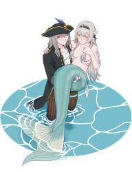  2girls absurdres alternate_costume aqua_tail arm_around_shoulder black_coat black_hair black_hairband black_hat blush breasts breasts_apart brown_pants carrying clothed_female_nude_female coat commentary completely_nude english_commentary fins firefly_(honkai:_star_rail) grey_hair hair_censor hair_over_breasts hairband hand_on_another&#039;s_shoulder hat highres honkai:_star_rail honkai_(series) long_hair looking_at_another medium_breasts mermaid mermaid_tail monster_girl monsterification multiple_girls nude open_clothes open_coat pants parted_lips pirate_hat princess_carry shirt simple_background stelle_(honkai:_star_rail) striped_clothes striped_pants tchenart trailblazer_(honkai:_star_rail) vertical-striped_clothes vertical-striped_pants wading water white_background white_shirt yellow_eyes yuri 