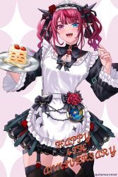  1girl absurdres anniversary black_dress blue_eyes blush breasts cake congratulations cowboy_shot dress food heterochromia highres hololive hololive_english irys_(hololive) long_hair maid maid_headdress multicolored_hair pink_background pointy_ears purple_eyes purple_hair red_hair seraphim_throne simple_background solo strawberry_shortcake streaked_hair twintails two-tone_hair virtual_youtuber 