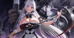  1girl 1other absurdres black_bow black_bowtie black_dress blood blood_on_breasts blood_on_clothes blood_on_face bloody_weapon blush bow bowtie breasts chain commission cross-shaped_pupils dress fake_horns fingernails floating_hair frilled_dress frilled_hairband frills gem goback grey_hair grin hairband helmet highres holding holding_scythe holding_weapon horned_helmet horns huge_breasts long_hair looking_at_viewer multicolored_hair original pixiv_commission purple_eyes purple_gemstone purple_hair scythe sharp_fingernails sidelocks sleeveless sleeveless_dress smile solo_focus streaked_hair symbol-shaped_pupils upper_body very_long_fingernails very_long_hair weapon white_wrist_cuffs wrist_cuffs 