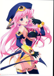 1girl 2010 absurdres ass bare_shoulders blood_tune blue_dress blue_hat blue_tail blush bow breasts butt_crack chaos;head cleavage clothing_cutout club club_(weapon) collared_dress dated detached_sleeves dress earrings fingerless_gloves gloves hat high_collar highres jewelry long_hair magical_girl matsuo_yukihiro medium_breasts necktie non-web_source official_alternate_costume official_art one_eye_narrowed open_mouth panties pink_hair purple_eyes red_bow ribbon school_uniform seira_orgel sharp_tail solo spiked_club tail thighhighs tongue underboob underboob_cutout underwear weapon white_panties
