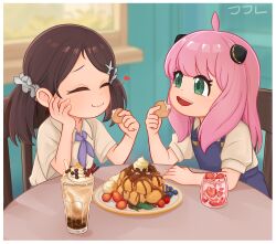  2024 2girls ahoge anya_(spy_x_family) becky_blackbell blush brown_hair closed_eyes dessert food fruit hairpods happy highres ice_cream jjl long_hair multiple_girls oscarlllll overalls pink_hair shirt short_twintails sitting smile spy_x_family strawberry twintails 