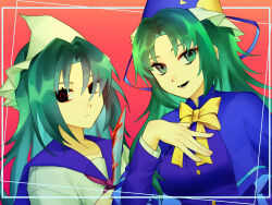  2girls black_eyes blood bloody_knife blue_capelet blue_dress blue_hat blue_ribbon blue_sailor_collar bow bowtie buttons capelet closed_mouth collared_capelet dress dual_persona expressionless eyelashes frown glowing glowing_eyes gradient_background green_eyes green_hair hand_on_own_chest happy hat hat_ribbon high_collar highly_responsive_to_prayers highres holding holding_knife knife layered_sleeves lips long_hair long_sleeves lower_teeth_only mima_(touhou) multiple_girls neckerchief open_mouth parted_bangs pink_lips re1re133 red_background red_neckerchief ribbon ringed_eyes sailor_collar school_uniform serafuku shirt short_sleeves smile story_of_eastern_wonderland sun_print teeth touhou touhou_(pc-98) triangular_headpiece tsurime upper_body very_long_hair white_shirt yellow_bow yellow_bowtie 