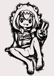  1girl :d absurdres amano_pikamee arm_support arm_up bottomless cleft_of_venus clitoris clothes_writing dinosaur_costume dinosaur_hood female_focus full_body hair_between_eyes highres hood hoodie kaijuu_(uchuukaijuu1917) knees_up leaning_back legs loli long_sleeves looking_at_viewer monochrome nail_polish no_panties on_floor on_ground open_mouth presenting_pussy pussy sharp_teeth simple_background sitting sketch smile solo spread_legs tagme teeth toes upper_teeth_only v virtual_youtuber voms  rating:Explicit score:37 user:secret64
