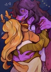  2girls absurdres antlers blonde_hair blue_background cardigan colored_sclera colored_skin commentary dancing deer_antlers deer_girl deer_tail deltarune dress english_commentary green_cardigan hand_on_another&#039;s_back heart highres holding_hands horns jacket long_hair multiple_girls noelle_holiday purple_jacket purple_skin reptile_girl susie_(deltarune) tail white_dress xalasarts yellow_sclera yuri 