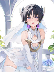  1boy absurdres black_hair blue_flower blue_rose blunt_ends chobonu crossdressing crossdressing_(mtf) dress earrings flower genshin_impact girly_boy hair_between_eyes highres jewelry male_focus purple_eyes rose scaramouche_(genshin_impact) short_hair solo thighhighs tongue tongue_out veil wanderer_(genshin_impact) white_dress white_sleeves white_thighhighs white_veil 