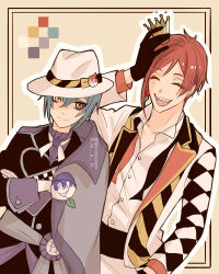  2boys black_coat blue_hair cape coat color_switch commentary_request cowboy_shot crossed_arms crown floyd_leech green_eyes grey_eyes hat headwear_switch heterochromia jacket looking_at_viewer male_focus mini_crown multiple_boys red_hair riddle_rosehearts sharp_teeth short_hair side_cape teeth twisted_wonderland white_jacket yellow_background yellow_eyes yuuki_(yukko7474) 
