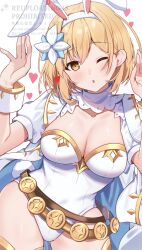  1girl ;o animal_ears blonde_hair blush breasts brown_eyes cleavage collarbone commentary_request djeeta_(granblue_fantasy) english_text fake_animal_ears flower granblue_fantasy hair_between_eyes hair_flower hair_ornament hairband hands_up heart highres jacket jacket_on_shoulders leotard looking_at_viewer medium_breasts omuretsu one_eye_closed parted_lips playboy_bunny puffy_short_sleeves puffy_sleeves rabbit_ears rabbit_tail short_sleeves shrug_(clothing) simple_background solo tail watermark white_background white_flower white_hairband white_jacket white_leotard wrist_cuffs 