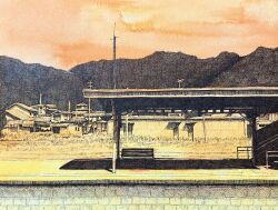  bench building crosshatching hatching hatching_(texture) highres ibsukionsen linear_hatching mountainous_horizon no_humans orange_sky orange_theme original outdoors rural scenery sky thatched_roof traditional_media train_station train_station_platform village 