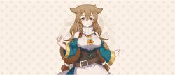  1girl amy_(konosuba) animal_ear_fluff animal_ears belt belt_buckle bow braid braided_sidelock breasts brown_belt brown_corset brown_eyes brown_hair buckle closed_mouth corset cowboy_shot detached_sleeves double-parted_bangs game_cg green_skirt green_sleeves hair_between_eyes hair_bow hair_ornament hair_scrunchie highres kono_subarashii_sekai_ni_shukufuku_wo! konosuba!_fantastic_days large_breasts light_blush long_hair long_sleeves looking_at_viewer low_twintails mole mole_under_eye official_art patterned_background red_bow ribbon ribbon-trimmed_sleeves ribbon_trim scrunchie sidelocks skirt sleeveless sleeveless_sweater smile solo standing sweater tachi-e turtleneck turtleneck_sweater twintails very_long_hair white_scrunchie white_sweater yellow_ribbon 