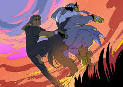  2boys absurdres bakushi_(smys2017) bear_boy body_fur dark-skinned_male dark_skin fighting_stance furry furry_male gen_8_pokemon grass grey_fur grey_hair highres legendary_pokemon looking_at_another multiple_boys nintendo outdoors pokemon pokemon_(creature) short_hair standing standing_on_one_leg urshifu urshifu_(rapid) 