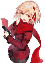  1girl absurdres adapted_costume black_skirt blonde_hair buttons commentary_request double-breasted finger_on_trigger gun hair_ornament handgun highres jacket long_sleeves looking_at_viewer lycoris_recoil m1911 nishikigi_chisato red_eyes red_jacket red_scarf scarf short_hair skirt solo tsukudani_(ore624) weapon white_background 
