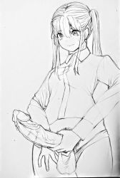  1futa bare_shoulders blush breasts cleavage cowboy_shot cum dress_shirt ejaculation full-package_futanari futanari futanari_masturbation large_penis lineart long_hair looking_at_viewer masturbation medium_breasts monochrome no_bra original panties panty_pull penis shirt sidelocks simple_background sketch solo standing tagme testicles twintails uncensored underwear veins veiny_penis victr_(pixiv16675324) white_background  rating:Explicit score:11 user:Zero3K15